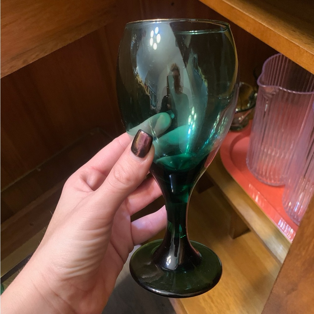 Vintage Libbey Juniper Green Teardrop Wine Goblet Bar Glass with Gold Rim